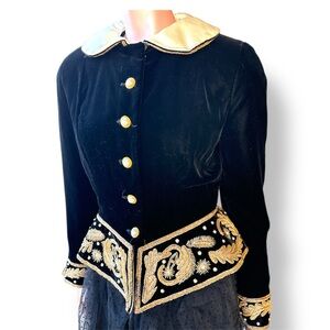 Vintage Velvet Blazer peplum Black Gold Embroidery Bullion faux pearls 1980 S M